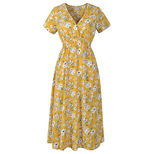 Muzboo Damen Midikleid Hohe Taille V Ausschnitt Kleider mit Retroprint Kurzarm Sommerkleid Yellow-XXL von Muzboo