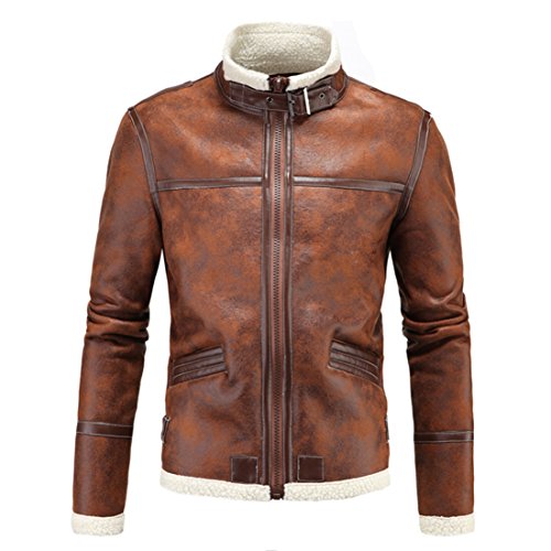 Muzboo Herren Kunstleder Jacke Shearling Wildleder Stehkragen Motorrad Bomber Jacke Braun - Braun - Groß von Muzboo