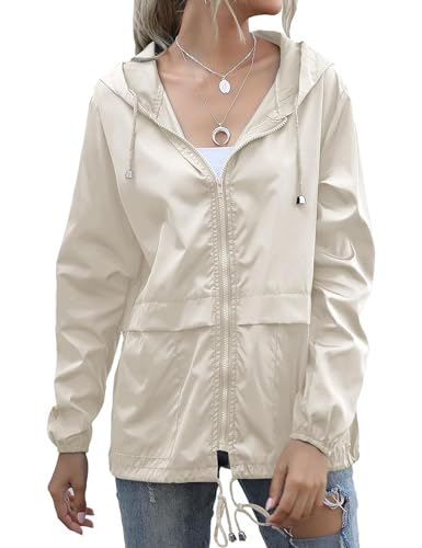 Muzeca Damen Regenmantel Wasserdicht Leichte Regenjacke Kapuze Windbreaker mit Taschen für Outdoor, Beige, Medium von Muzeca