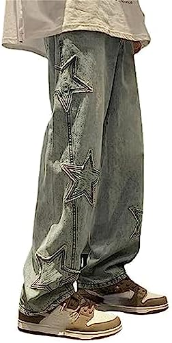 HotelBee Damen Vintage Star Patchwork Y2K Baggy Jeans Hoch Taillierte Hose Mit Geradem Bein Emo Grunge Denim Hose Mit Taschen (XXL,Blau) von BeerMmay