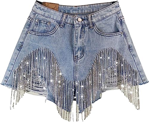 MuziZy Frauen Hoch Taille Strass Quaste Denim Kurze Hose Fransen Kette Lässig Jeans Zerfetzt Shor Clubwear (Blau,M) von MuziZy