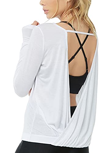 Muzniuer Damen Langarm Offener Rücken Workout Shirts Lose Rückenfrei Yoga Shirts Daumenloch Shirts, Weiss/opulenter Garten, Groß von Muzniuer