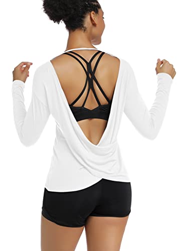 Muzniuer Damen Langarm-Workout-Shirts, rückenfrei, Yoga-Shirts, Kreuzrücken, offenes Hemd, Weiß, Klein von Muzniuer