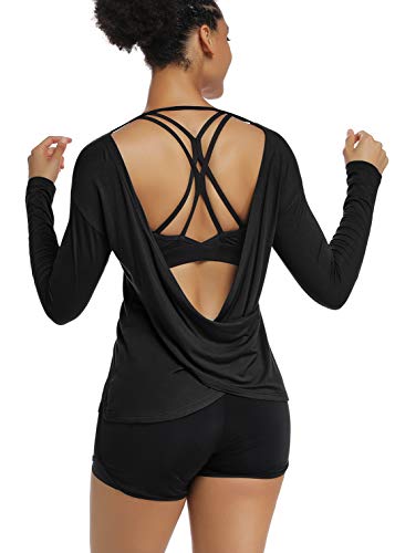 Muzniuer Damen Langarm-Workout-Shirts, rückenfrei, Yoga-Shirts, Kreuzrücken, offenes Hemd, schwarz, X-Groß von Muzniuer