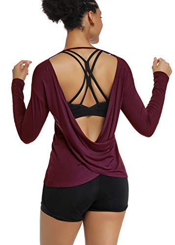 Muzniuer Damen Langarm Workout Shirts Rückenfrei Yoga Shirts Cross Back Open Shirt - - Klein von Muzniuer