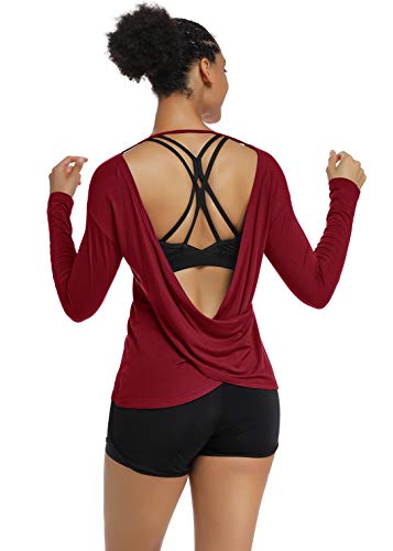 Muzniuer Damen Langarm Workout Shirts Rückenfrei Yoga Shirts Kreuz Rücken Offenes Shirt - - Groß von Muzniuer