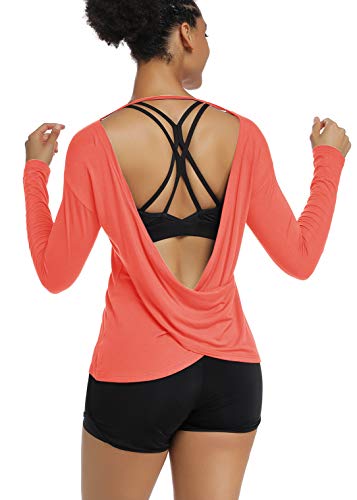 Muzniuer Damen Langarm Workout Shirts Rückenfrei Yoga Shirts Kreuz Rücken Offenes Shirt - Pink - Groß von Muzniuer
