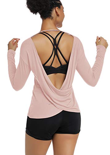 Muzniuer Damen Langarm Workout Shirts Rückenfrei Yoga Shirts Kreuz Rücken Offenes Shirt - Pink - X-Groß von Muzniuer