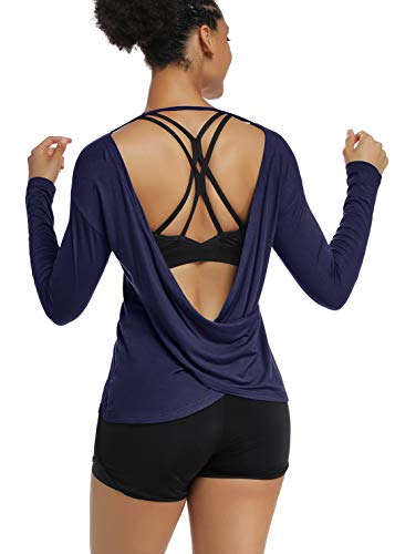 Muzniuer Damen Langarm Workout Shirts rückenfrei Yoga Shirts Cross Back Open Shirt - blau - Klein von Muzniuer