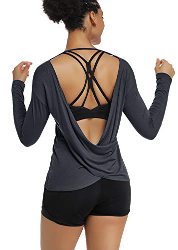 Muzniuer Damen Langarm Workout Shirts rückenfrei Yoga Shirts Cross Back Open Shirt - grau - Mittel von Muzniuer