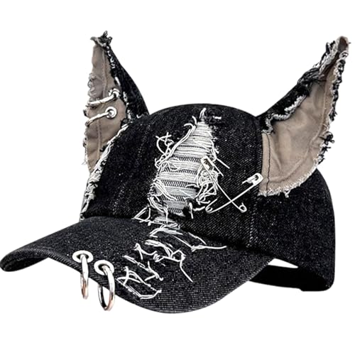 Cat Ohrhut Black Ripped Hut Punk Grunge Ästhetische Baseballkappe mit Metal Hoop Sun Protection One Size Pass von Muzrunq