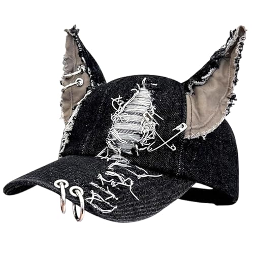 Cat Ohrhut Black Ripped Hut mit Metal Hoop Punk Grunge Ästhetische Baseballkappe Sonnenschutz Einer Größe passt die meisten schwarzen Baseballkappe für Frauen, Männer y2k Hut, Katzenohrhut, Baseball von Muzrunq