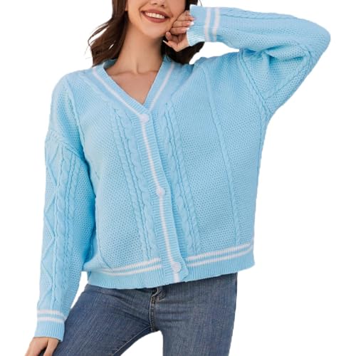 Mvdlinnds Damen Folklore Cardigan Grobstrick Langarm V Ausschnitt Stern Print Button Down Pullover Strickwaren (DE/NL/SE/PL, Alphanumerisch, M, Regular, Regular, Blau) von Mvdlinnds