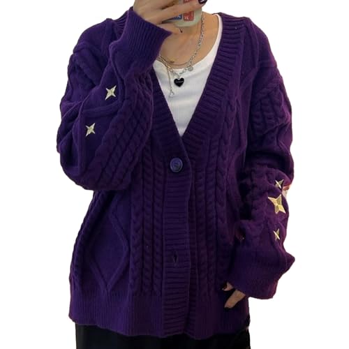 Mvdlinnds Damen Folklore Cardigan Grobstrick Langarm V Ausschnitt Stern Print Button Down Pullover Strickwaren (DE/NL/SE/PL, Alphanumerisch, S, Regular, Regular, Lila) von Mvdlinnds