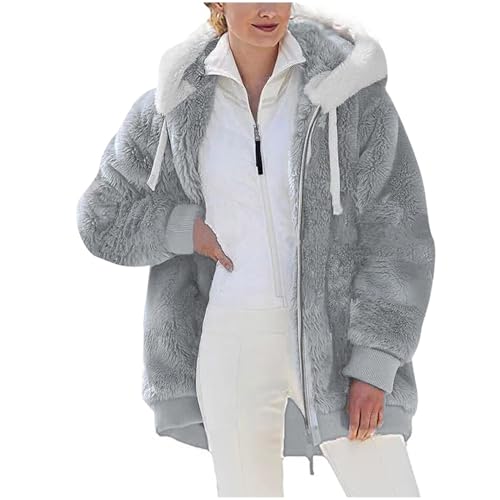 Winterjacke Damen Fleecejacke Farbblock Plüschjacke Für Damen Mit Kordelzug Winter Warm Plüsch Hoodie Mit Reissverschluss Elegant Lässig Teddyjacke Locker Bequemes Sale Angebote Übergangsjacke Damen von Mvmdey
