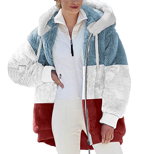 Winterjacke Damen Fleecejacke Farbblock Plüschjacke Für Damen Mit Kordelzug Winter Warm Plüsch Hoodie Mit Reissverschluss Elegant Lässig Teddyjacke Locker Bequemes Sale Angebote Übergangsjacke Damen von Mvmdey