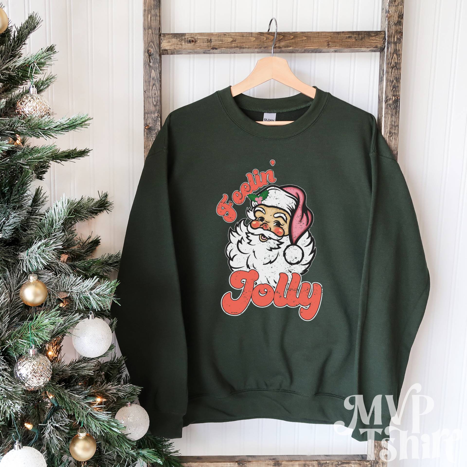 Retro Weihnachtsmann Sweatshirt, Feelin Jolly Vintage Santa Süßes Weihnachtsshirt Für Frauen, Face Sweatshirt von Mvptshirt