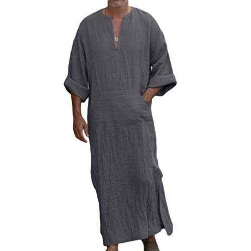 Herren Ethnische Roben Lange Ärmel Einfarbig Kaftan Lösen Fit Beiläufiges Tunic Große Größen Lange Shirt mit Taschen Sommer Baumwolle Leinen Robes von Mxssi