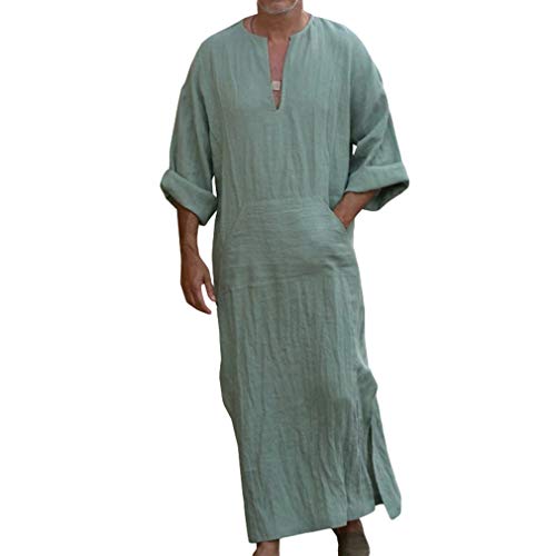 Herren Ethnische Roben Lange Ärmel Einfarbig Kaftan Lösen Fit Beiläufiges Tunic Große Größen Lange Shirt mit Taschen Sommer Baumwolle Leinen Robes (4XL, Grün) von Mxssi