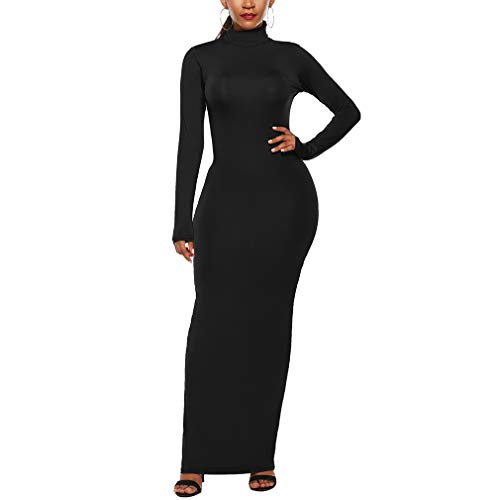 Mxssi Damen Lange Kleider Langarm Slim Fit Maxi Kleider Elegant Rollkragen Abendkleid Einfarbig Elastisch Herbst Winter Warme Figurbetonte Kleider von Mxssi