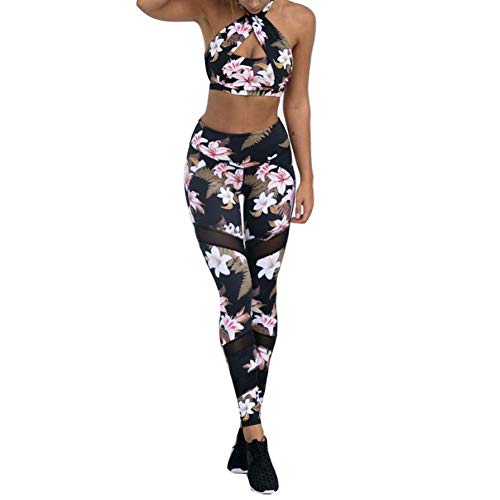 Mxssi Damen Sportanzug Yoga Weste BH + Leggings Sport-Set Blumen Gederuckt Elastizität Sportwear Fitness Anzüge Frauen Hemd Hosen für Yoga, Workout,Jogging,Lauf von Mxssi