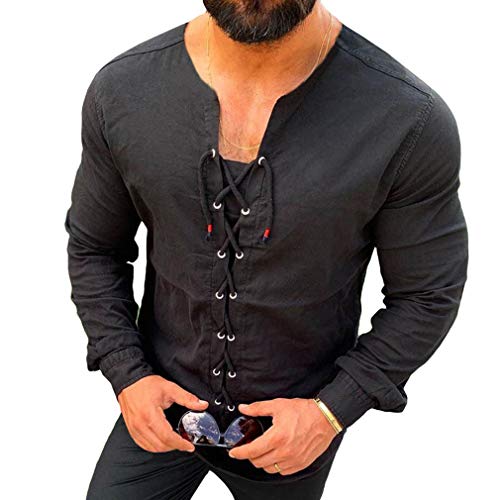 Mxssi Herren Baumwollleinen Hemd Vintage Mittelalter Hemd Gothic Steampunk Schnürhemd Hemd Lange Ärmel V-Ausschnitt Freizeithemd Cosplay Halloween Kostüm von Mxssi