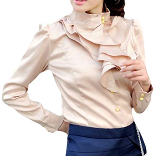 Vintage Langarm Lotus Rüschenbluse Frauen Viktorianische Stehkragen Tops Damen Mode Reine Farben Slim Büro OL Casual Hemdbluse Große Größen Shirts Tops Sechs Farben von Mxssi