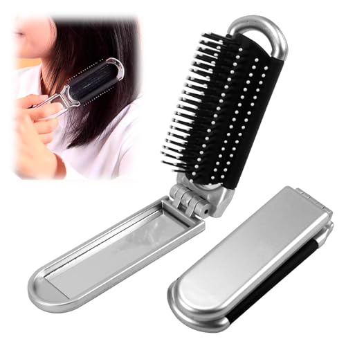 Faltbare Reise-Haarbürste mit Spiegel - Mini Haarbürste für unterwegs, Klappbarer Haarkamm mit abnehmbarem Spiegel, Tragbarer Silberner Haarstyling-Kamm für Männer, Mädchen und Frauen von MxyVrix