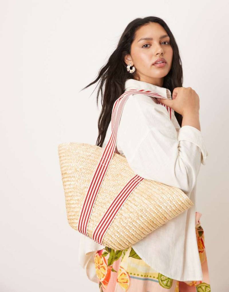 My Accessories - Mittelgroße Stroh-Tragetasche in Beige mit gestreiften Kontrasthenkeln-Neutral von My Accessories