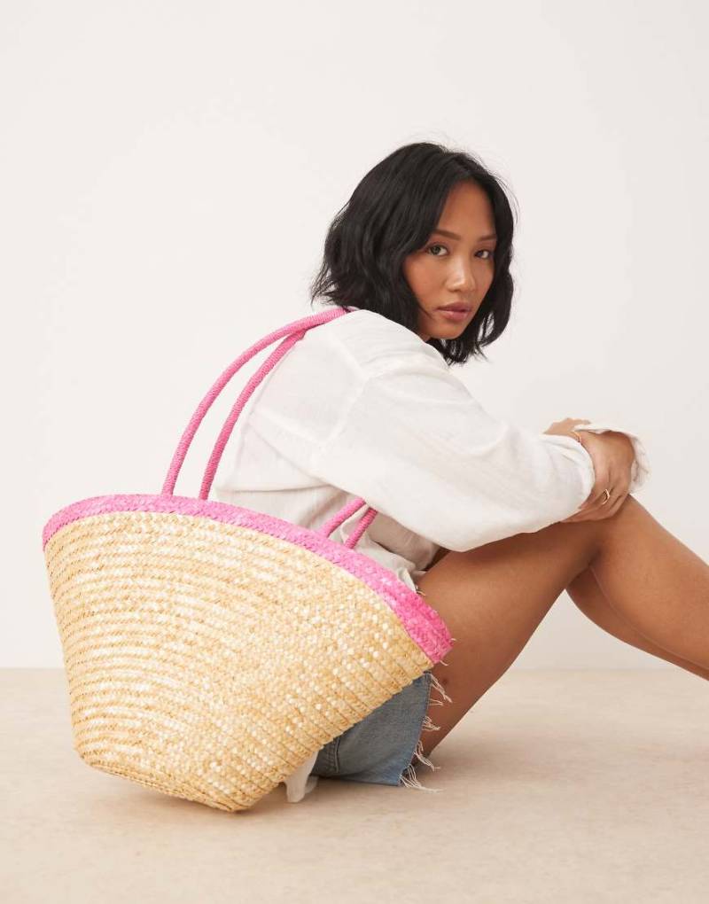 My Accessories - Mittelgroße Stroh-Tragetasche in Beige mit rosa Kontrasthenkeln-Neutral von My Accessories