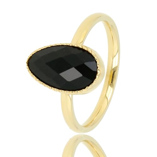 My Bendel - Goldring mit gedrehtem Rand und schwarzem Glasstein- Stylischer Ring für Frauen mit schwarzem, facettiertem, tropfenförmigem Glasstein - Bleibt schön und Verfärbt nicht - Stapeln Ringe von My Bendel