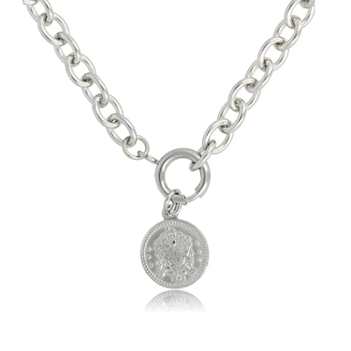 My Bendel - Silberne Halskette mit großen Gliedern und Münze- Damen Gliederkette mit hübscher Münze - Kette verfärbt nicht - Silber und Gold - mit Luxuriösen Geschenkverpackung von My Bendel