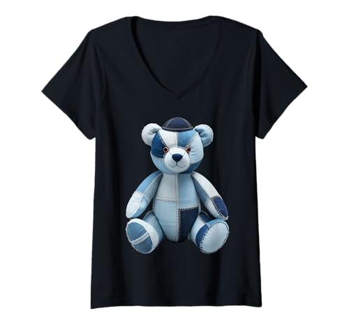Damen Retro Chanukkah-Bär jüdischer Junge Blau Denim Patchwork T-Shirt mit V-Ausschnitt Damen Retro Chanukkah-Bär jüdischer Junge Blau Denim Patchwork T-Shirt mit V-Ausschnitt von My Blue Denim Patchwork Gifts and Apparel