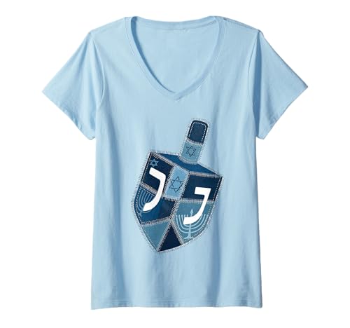 Damen Retro Chanukkah Blue Denim Dreidel Patchwork T-Shirt mit V-Ausschnitt Damen Retro Chanukkah Blue Denim Dreidel Patchwork T-Shirt mit V-Ausschnitt von My Blue Denim Patchwork Gifts and Apparel