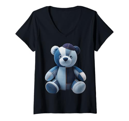 Damen Retro Hanukkah Blue Denim Patchwork T-Shirt mit V-Ausschnitt Damen Retro Hanukkah Blue Denim Patchwork T-Shirt mit V-Ausschnitt von My Blue Denim Patchwork Gifts and Apparel