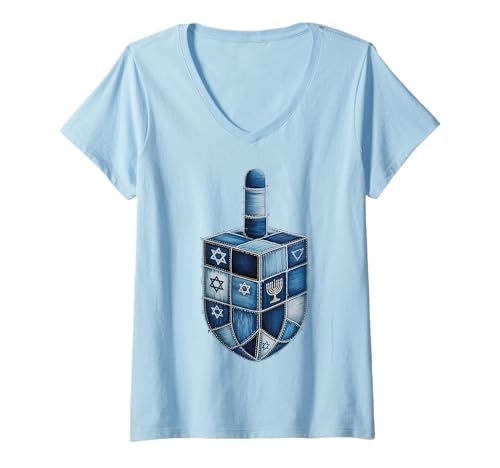 Damen Retro Hanukkah Blue Denim Patchwork T-Shirt mit V-Ausschnitt Damen Retro Hanukkah Blue Denim Patchwork T-Shirt mit V-Ausschnitt von My Blue Denim Patchwork Gifts and Apparel