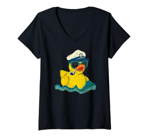 Damen Vintage gelbe Gummiente Boot The Captain Duckie Duckling T-Shirt mit V-Ausschnitt von My Boat My Rules Loves Ducks Duckie Crew