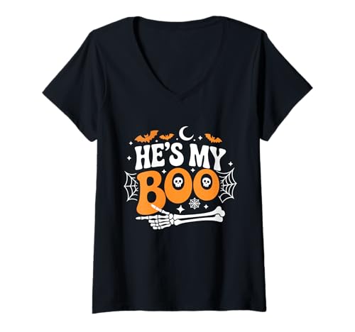 Damen He's My Boo Skelett Paare Passendes Paar Halloween T-Shirt mit V-Ausschnitt von My Boo Skull Matching Halloween Couple Costumes