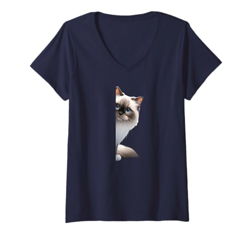 Damen Flauschige Birman-Katze mit großen blauen Augen, die aus der Ecke schaut T-Shirt mit V-Ausschnitt Damen Flauschige Birman-Katze mit großen blauen Augen, die aus der Ecke schaut T-Shirt mit V-Ausschnitt von My Cat and Me