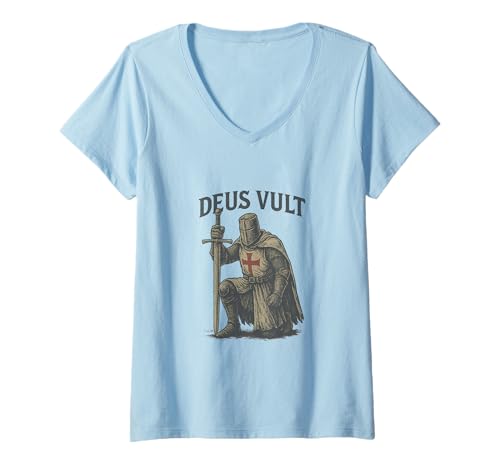 Damen Deus Vult - Minimalistisches lateinisches Wort für Geschichte T-Shirt mit V-Ausschnitt Damen Deus Vult - Minimalistisches lateinisches Wort für Geschichte T-Shirt mit V-Ausschnitt von My Catholic Corner Apparel