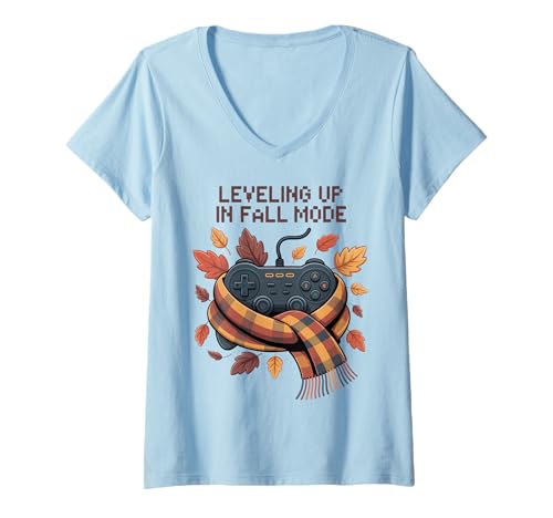 Damen Leveling Up in Fall Mode Gaming Herbst Herbst Saison Gamers T-Shirt mit V-Ausschnitt von My Fall Season apparel
