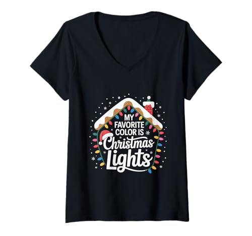 Damen Lebkuchenhaus My Favorite Color is Christmas Lights T-Shirt mit V-Ausschnitt Damen Lebkuchenhaus My Favorite Color is Christmas Lights T-Shirt mit V-Ausschnitt von My Favorite Color Is Xmas Lights Women Kids Girl