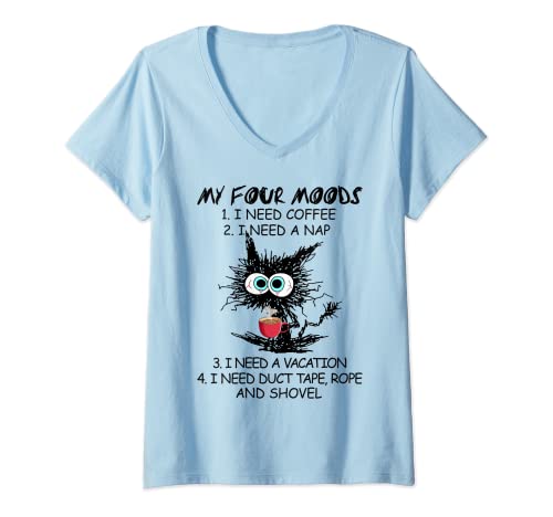 Damen Black Cat My Four Moods I Need Coffee I Need A Nap Coffee T-Shirt mit V-Ausschnitt von My Four Moods Black Cat