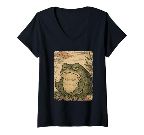 Damen Grumpy Frog Japanischer Retro-Kunst, Vintage-Farben T-Shirt mit V-Ausschnitt Damen Grumpy Frog Japanischer Retro-Kunst, Vintage-Farben T-Shirt mit V-Ausschnitt von My Frog Is Grumpy Today