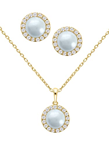 My Gold Damen Schmuckset (Halskette & Ohrringe) Silber 925 Echtes Sterlingsilber Vergoldung Mit Zirkonia & ECHTEN Perlen Kette Alessa Set Y-04837-S901 von My Gold