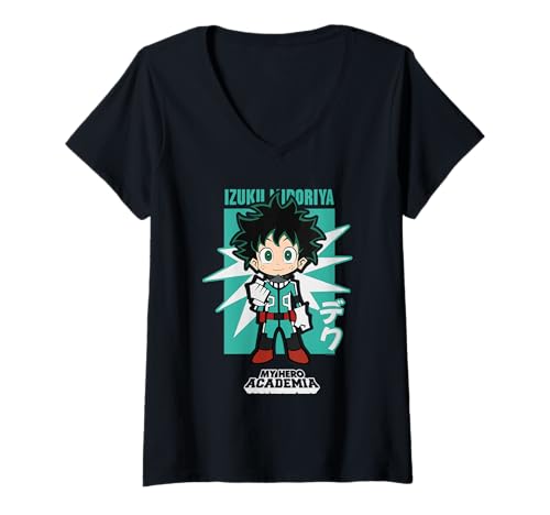 Damen My Hero Academia Chibi Deku Kanji and Starburst Anime T-Shirt mit V-Ausschnitt von My Hero Academia