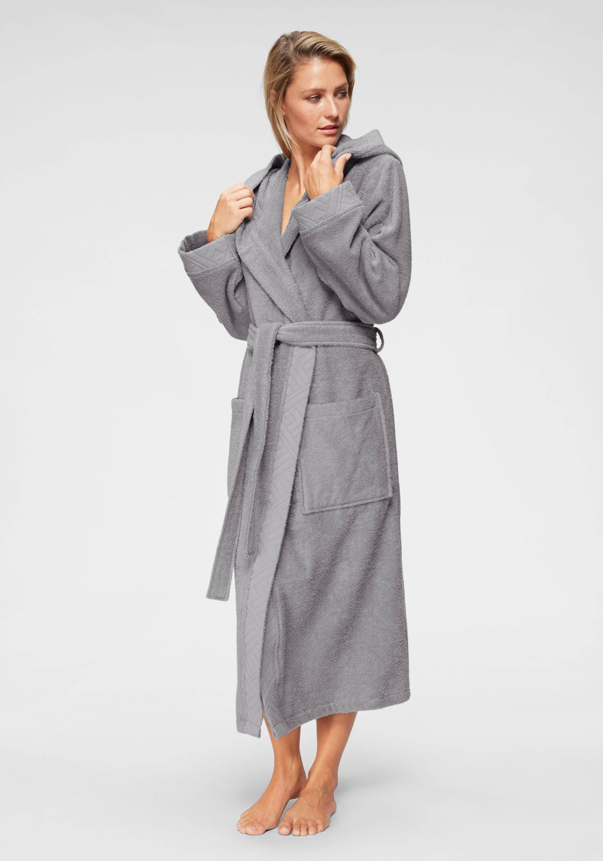 my home Damenbademantel "Livia, ideal für Sauna & Spa, Hotelbademantel" 1 Stk. tlg., gemusterter Bordüre, langer Bademantel Damen, 100% Baumwolle, XS-2XL von My Home