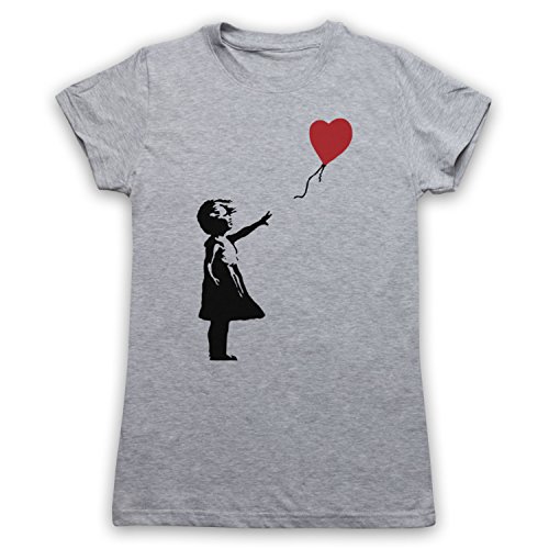 My Icon Art & Clothing Banksy Girl Heart Balloon Graffiti Street Art Damen T-Shirt, Grau, Medium von My Icon Art & Clothing