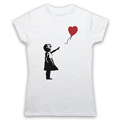 My Icon Art & Clothing Banksy Girl Heart Balloon Graffiti Street Art Damen T-Shirt, Weiß, Medium von My Icon Art & Clothing