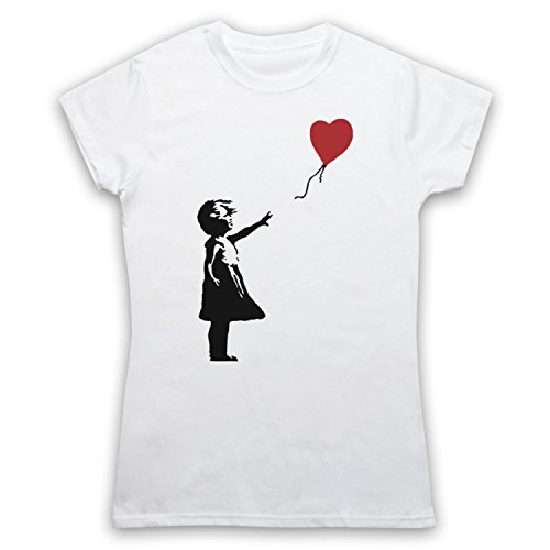 My Icon Art & Clothing Banksy Girl Heart Balloon Graffiti Street Art Damen T-Shirt, Weiß, Small von My Icon Art & Clothing